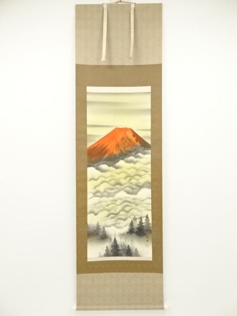 JAPANESE HANGING SCROLL / HAND PAINTED / RED Mt. FUJI